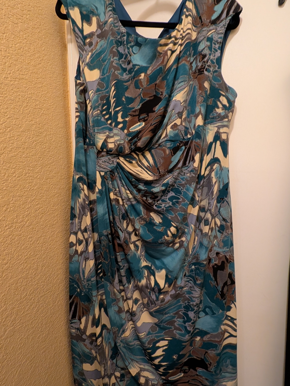 Connected Woman 18W Teal Abstract Ruched Waist Midi Dress